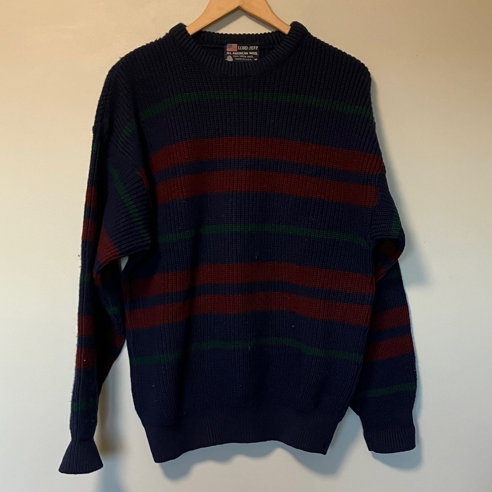 Lord Jeff made in USA 100% Virgin Wool Navy burgundy Green striped Sweater